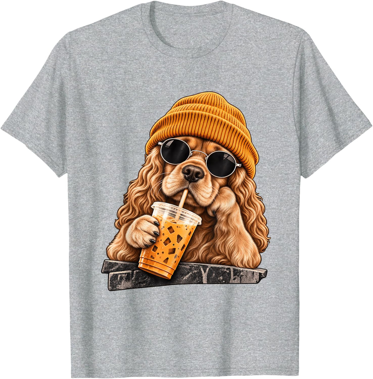 Funny Cocker Spaniel Hipster Drinking Iced Coffee Sunglasses T-Shirt - Heather Grey
